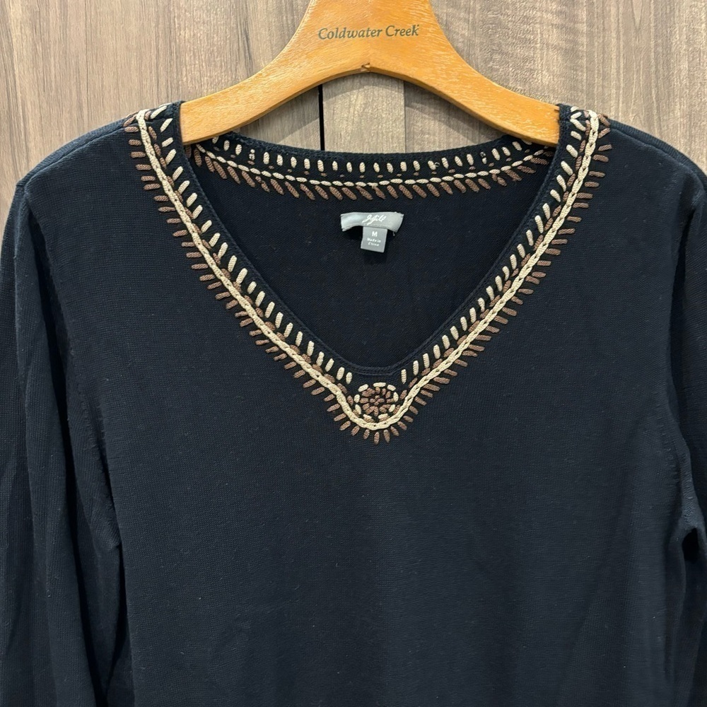 J Jill Medium Sweater Tunic Black Embroidered Silk Blend V Neck Long Sleeve - Picture 4 of 12